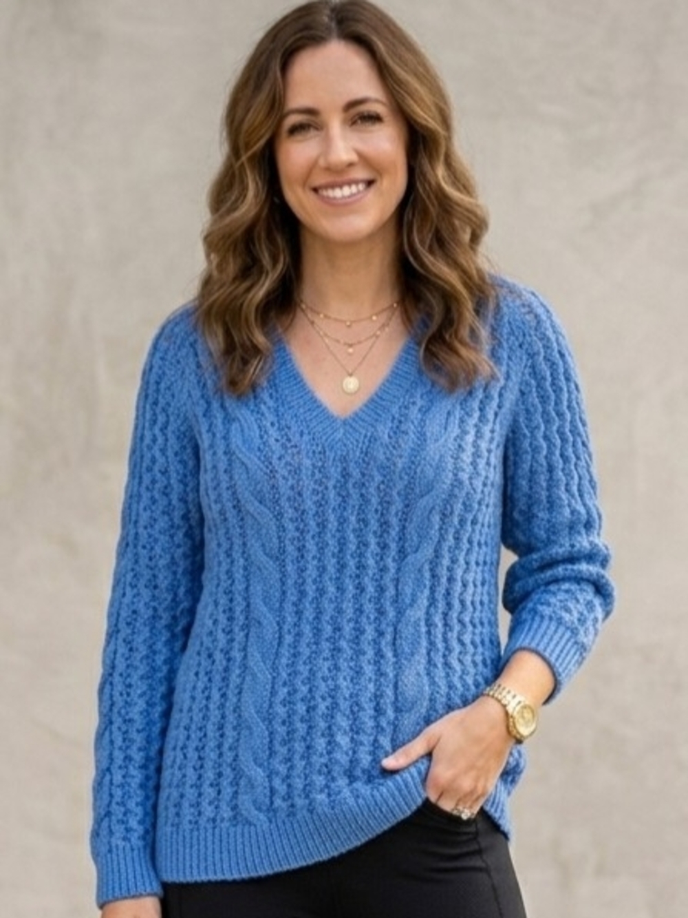 VTG Hand Made By Eva Castellano Blue Cable Knit V-Neck Sweater Chunky Open Knit